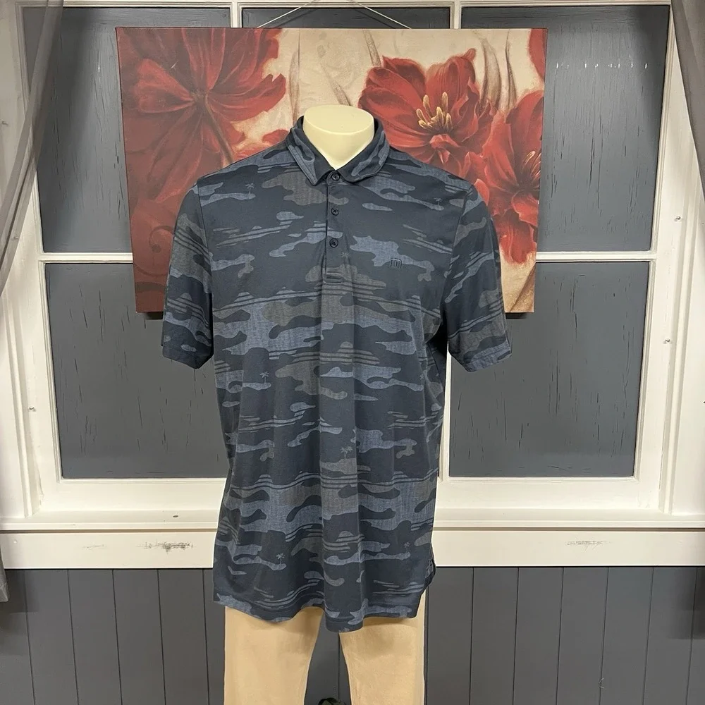 Travis Mathew Pique Knit Polo Golf Shirt Mens XXL Modern Athletic Fit Blue/Gray
